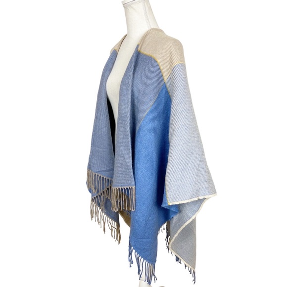 Color Block Two-Way Stole/Poncho Blue and Tan with Fringe One Size - Picture 2 of 8